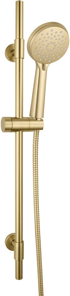 Set de douche Wenko young line en or mat avec tringle de douche en acier inoxydable 66cm, support de pomme de douche, pomme de douche ø10cm à 3 positions et flexible de douche 150cm