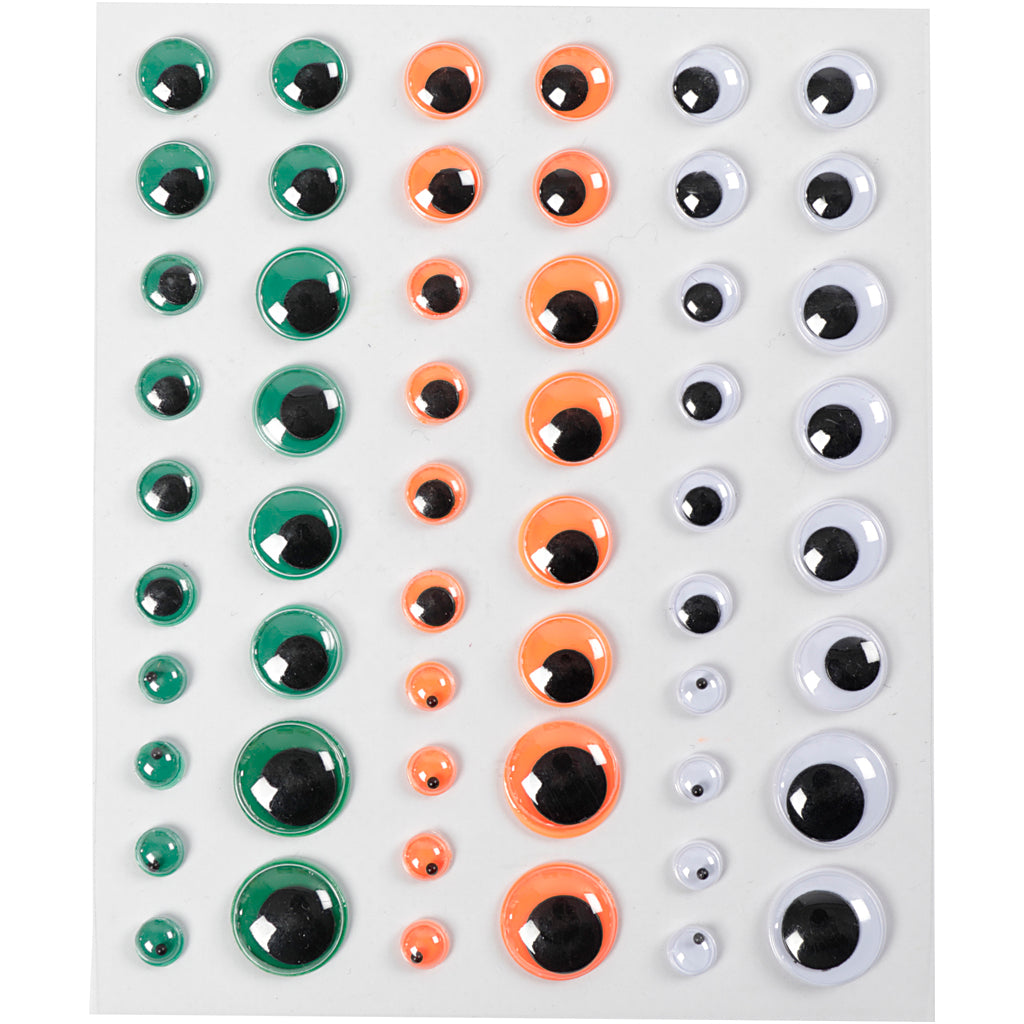 Creativ company yeux écarquillés, autocollants, d 6+8+10+12+15 mm, vert, orange, blanc, 54 pièces, 1 feuille