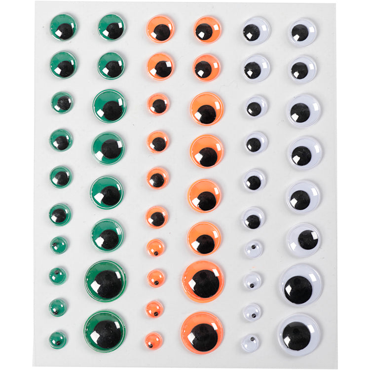Creativ company yeux écarquillés, autocollants, d 6+8+10+12+15 mm, vert, orange, blanc, 54 pièces, 1 feuille
