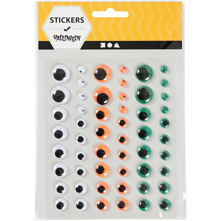 Creativ company yeux écarquillés, autocollants, d 6+8+10+12+15 mm, vert, orange, blanc, 54 pièces, 1 feuille