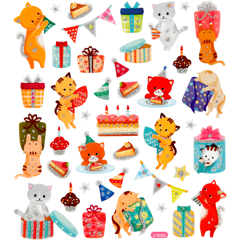 Autocollants Creativ company, chats d'anniversaire, feuille 15x16,5 cm, env. 38 pièces, 1 feuille