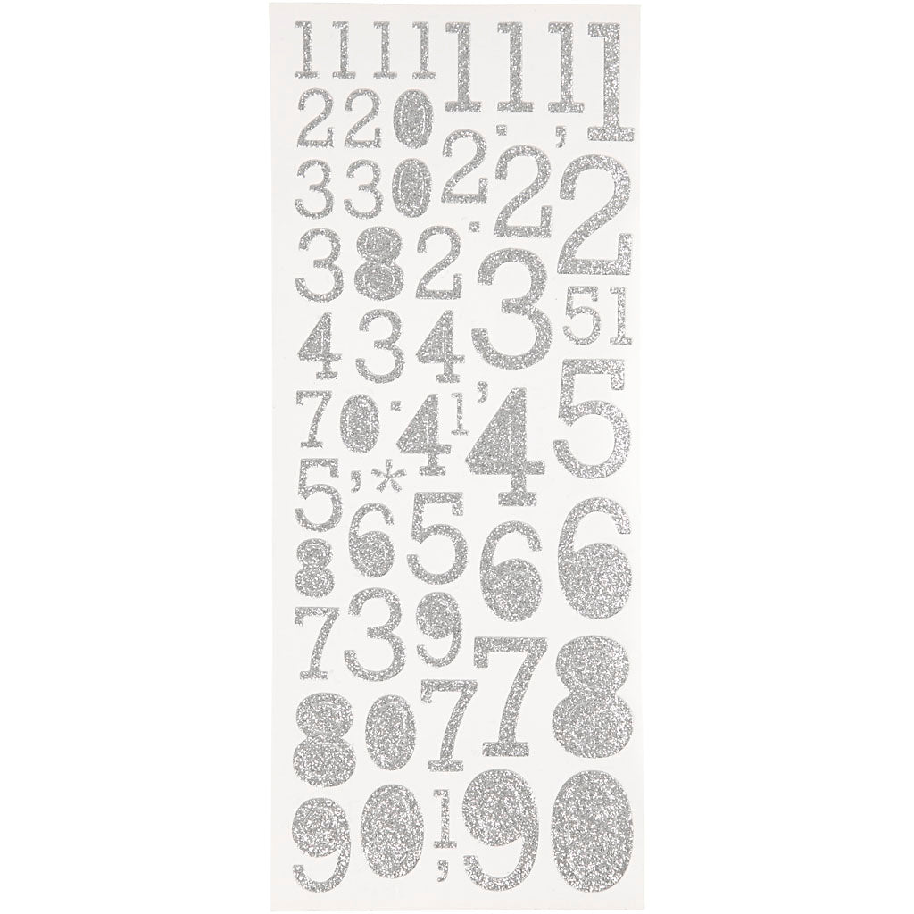 Creativ company autocollants à paillettes, chiffres, feuille 10x24 cm, argent, 2 feuilles 1 boîte