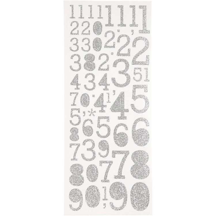 Creativ company autocollants à paillettes, chiffres, feuille 10x24 cm, argent, 2 feuilles 1 boîte