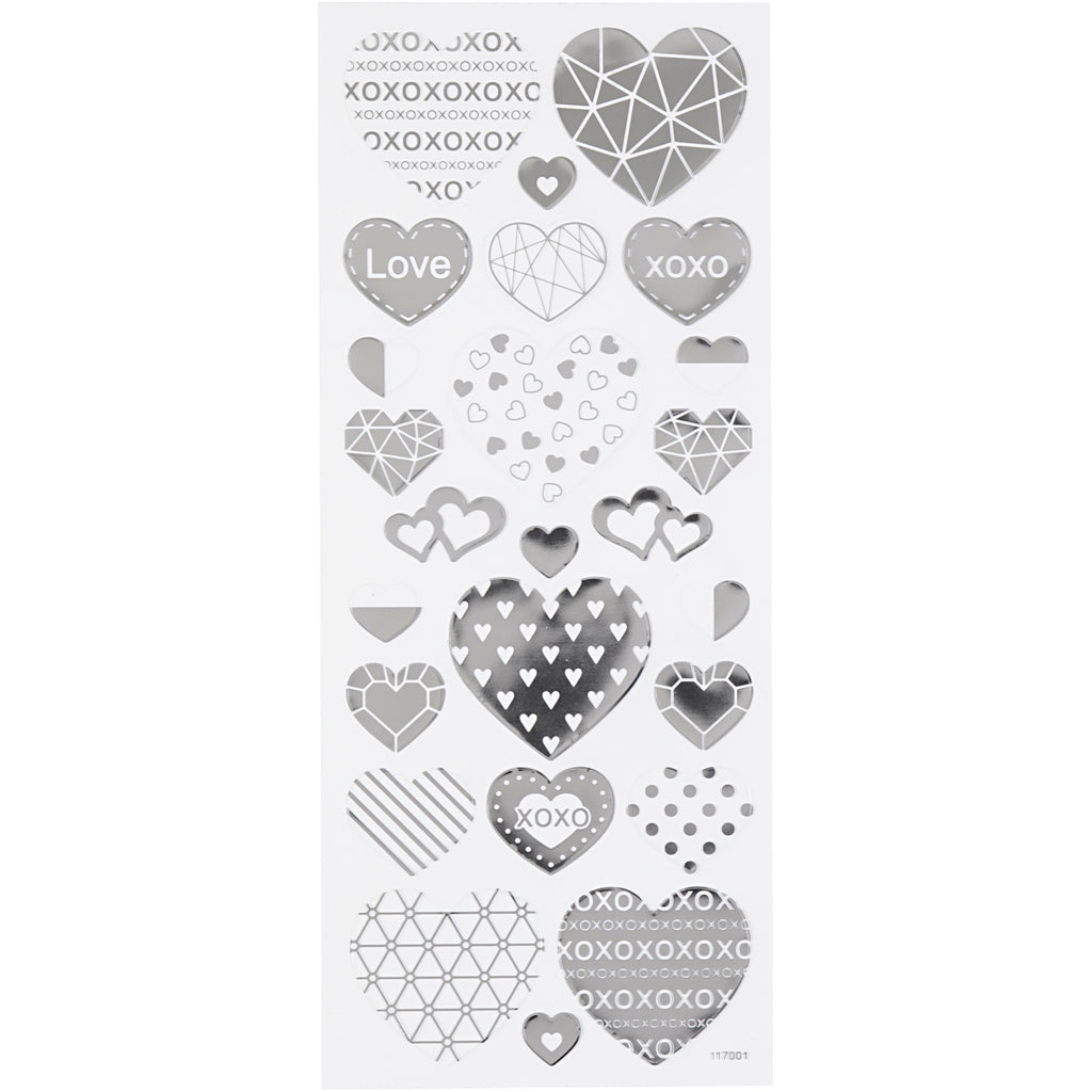 Autocollants Creativ company, coeurs, feuille 10x24 cm, env. 25 pièces, argent, 1 feuille