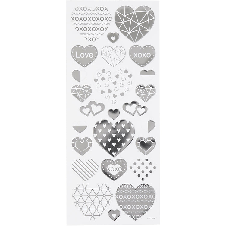 Autocollants Creativ company, coeurs, feuille 10x24 cm, env. 25 pièces, argent, 1 feuille