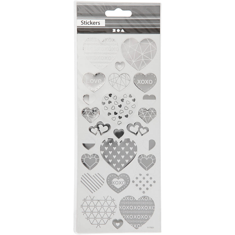 Autocollants Creativ company, coeurs, feuille 10x24 cm, env. 25 pièces, argent, 1 feuille