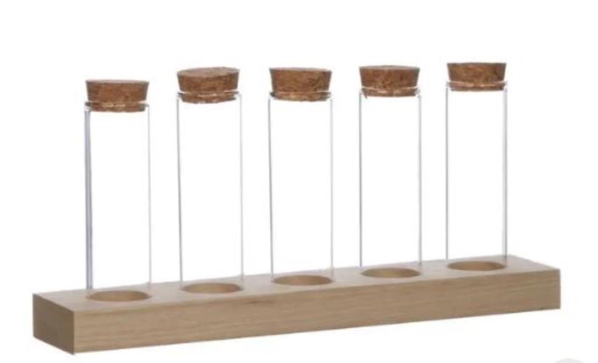 Support en bois Idées 4 saisons avec 5 tubes à essai avec bouchon en liège Ø3x10cm