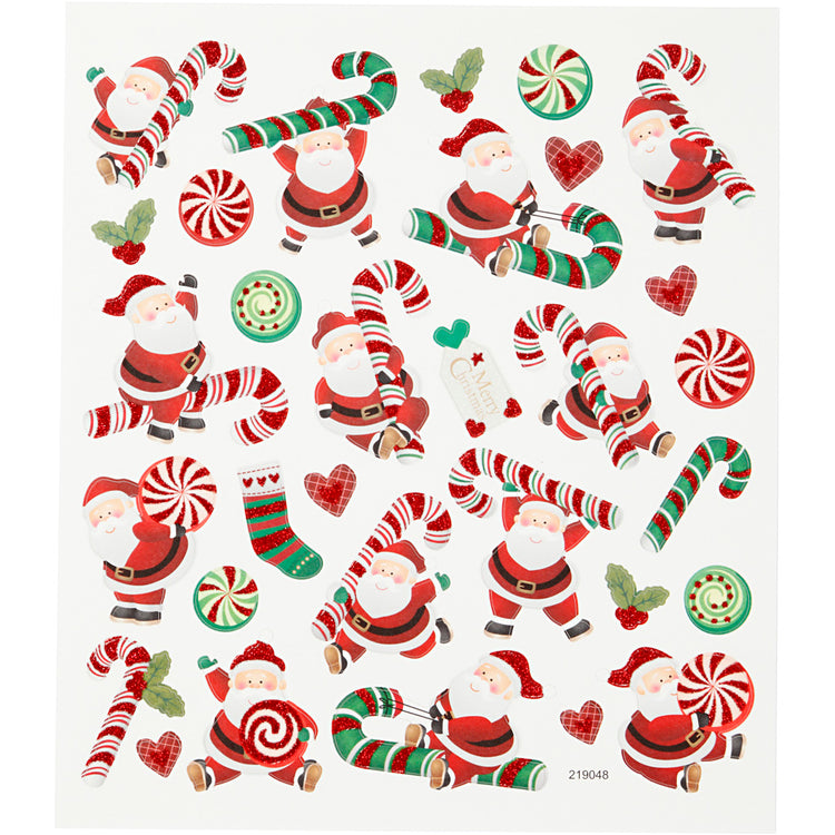 Autocollants Creativ company, Père Noël avec canne en bonbon, feuille 15x16,5 cm, env. 31 pièces, 1 feuille