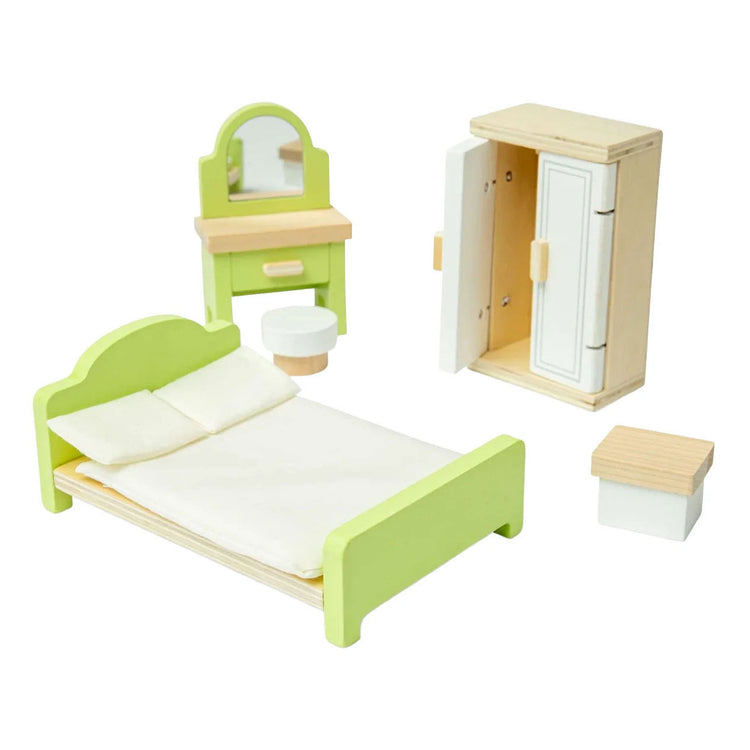 Chambre à coucher de meubles de maison de poupée en bois Bigjigs - 5 pièces.