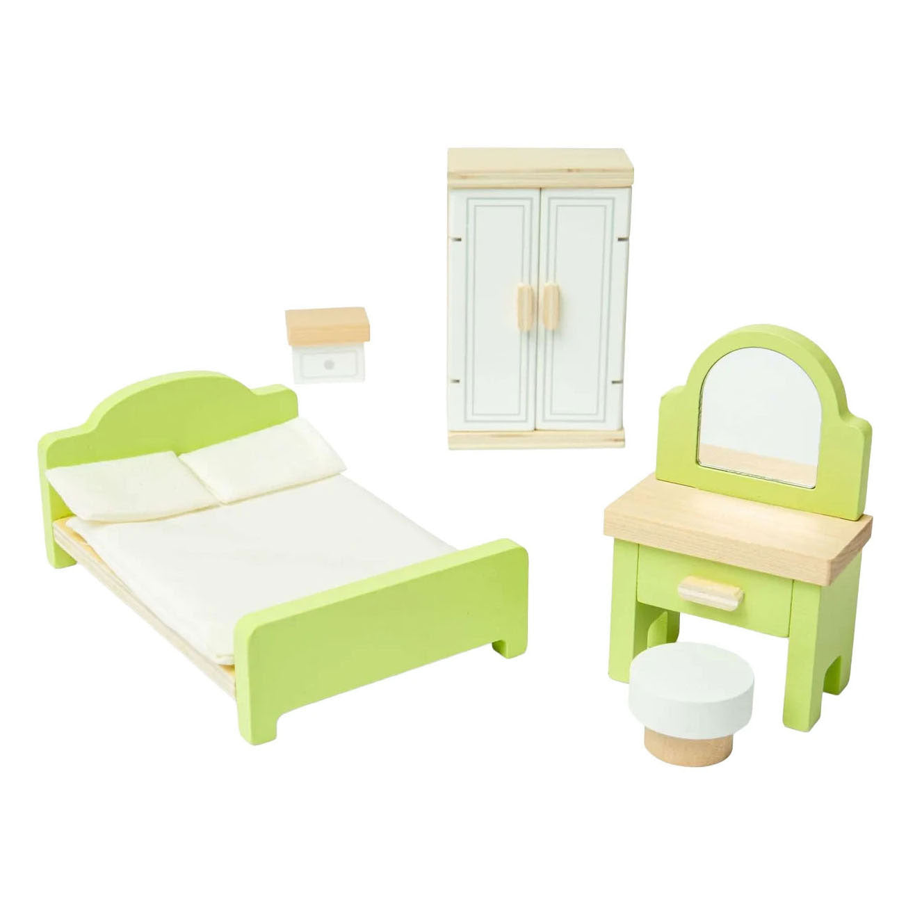 Chambre à coucher de meubles de maison de poupée en bois Bigjigs - 5 pièces.