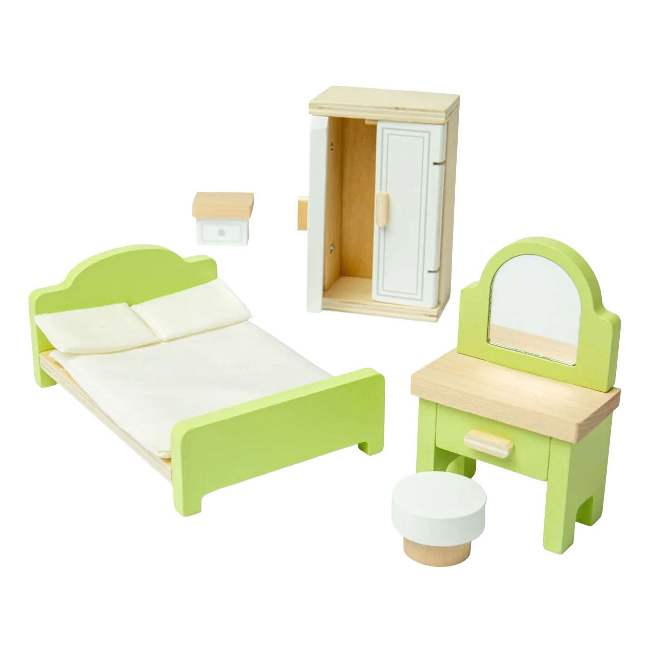 Chambre à coucher de meubles de maison de poupée en bois Bigjigs - 5 pièces.