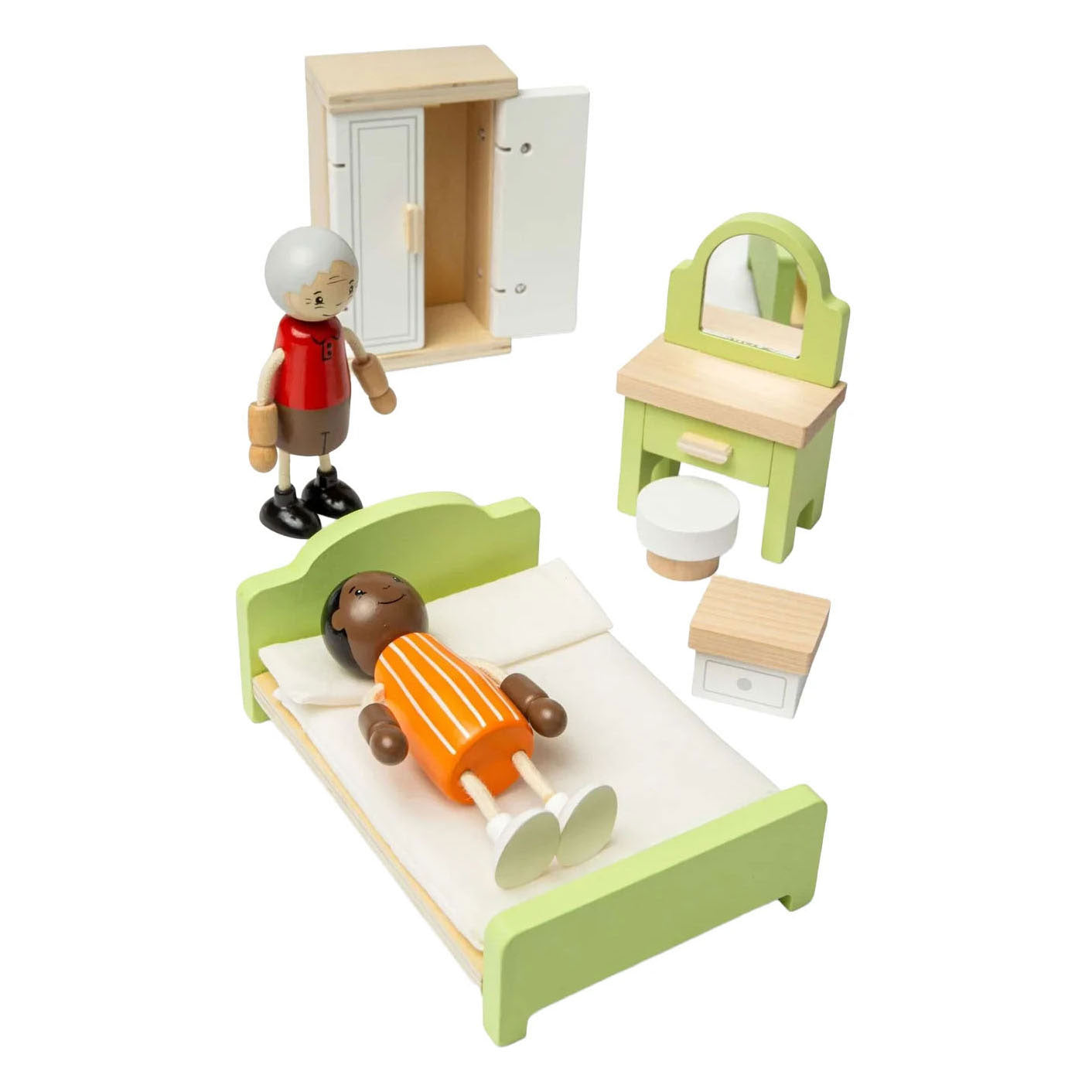 Chambre à coucher de meubles de maison de poupée en bois Bigjigs - 5 pièces.