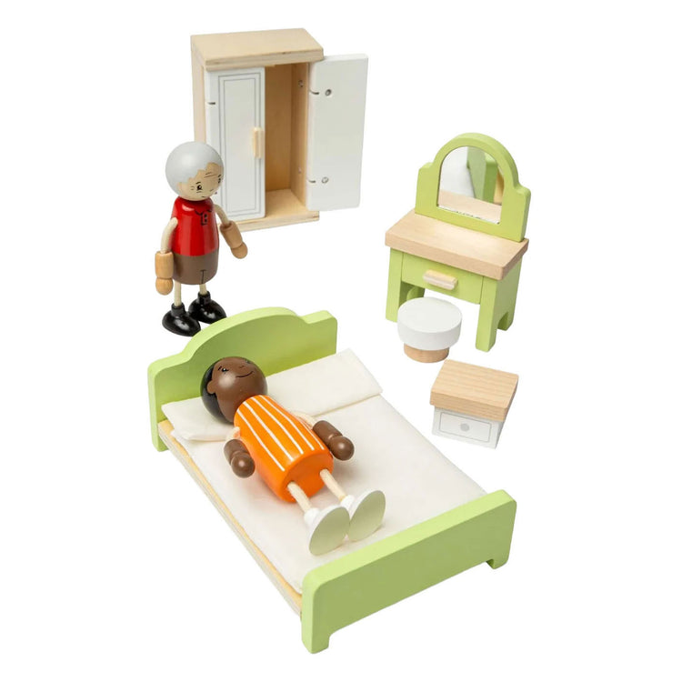 Chambre à coucher de meubles de maison de poupée en bois Bigjigs - 5 pièces.