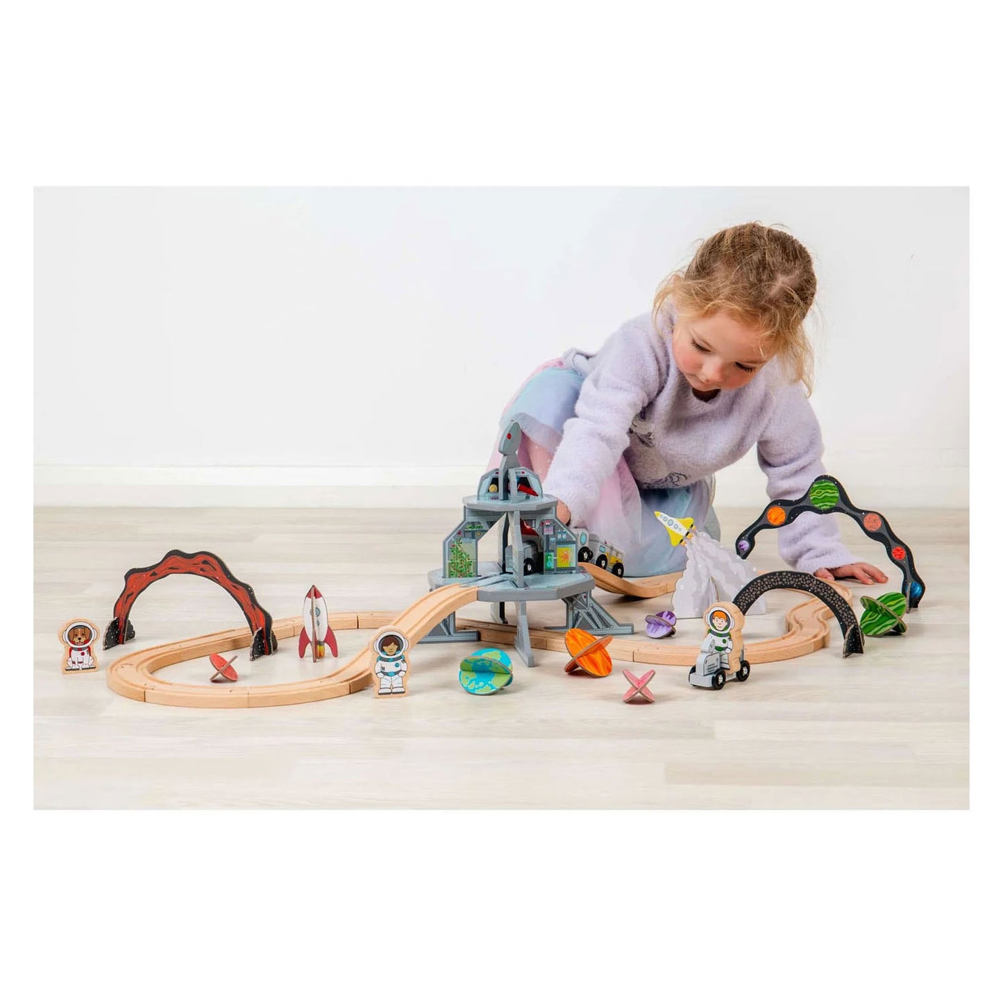 Ensemble de train spatial en bois Bigjigs - 40 pièces.