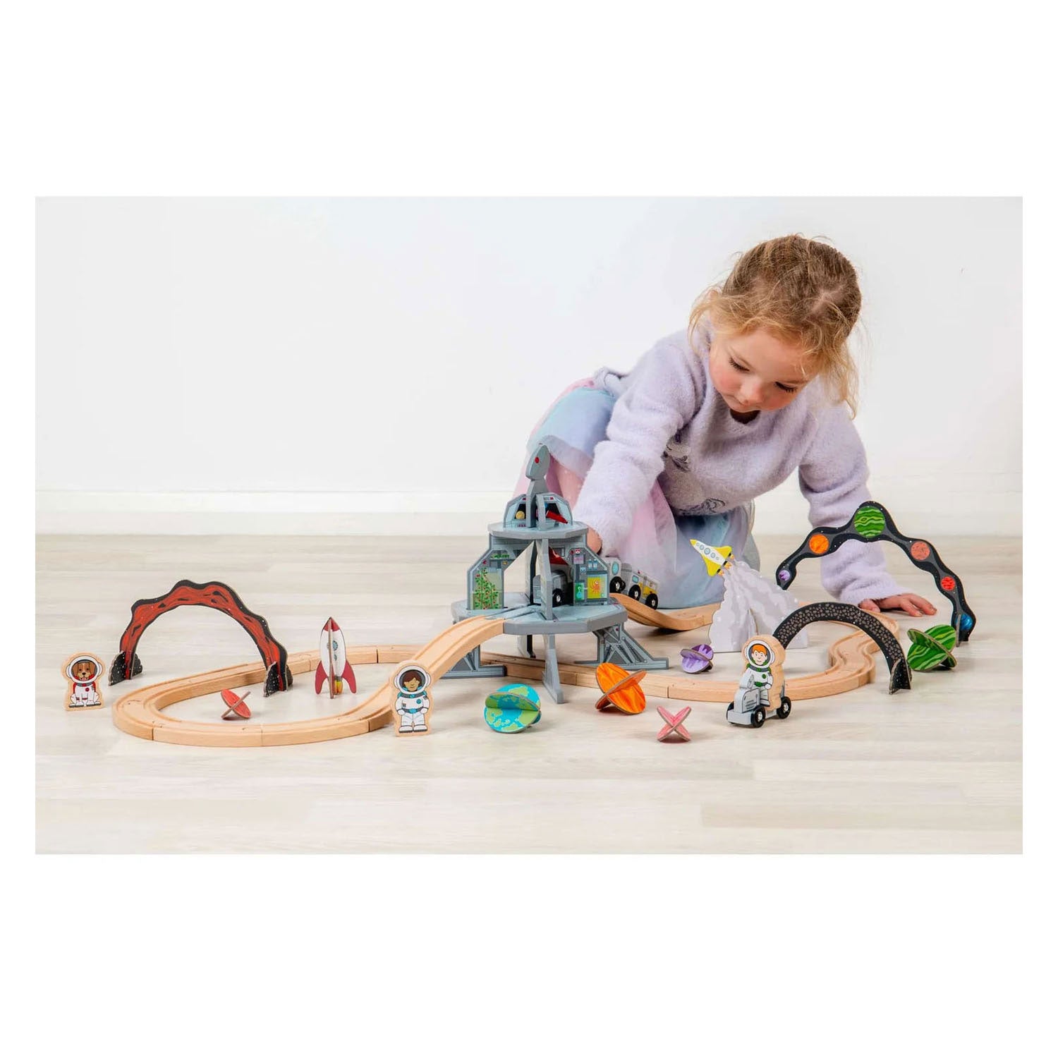 Ensemble de train spatial en bois Bigjigs - 40 pièces.