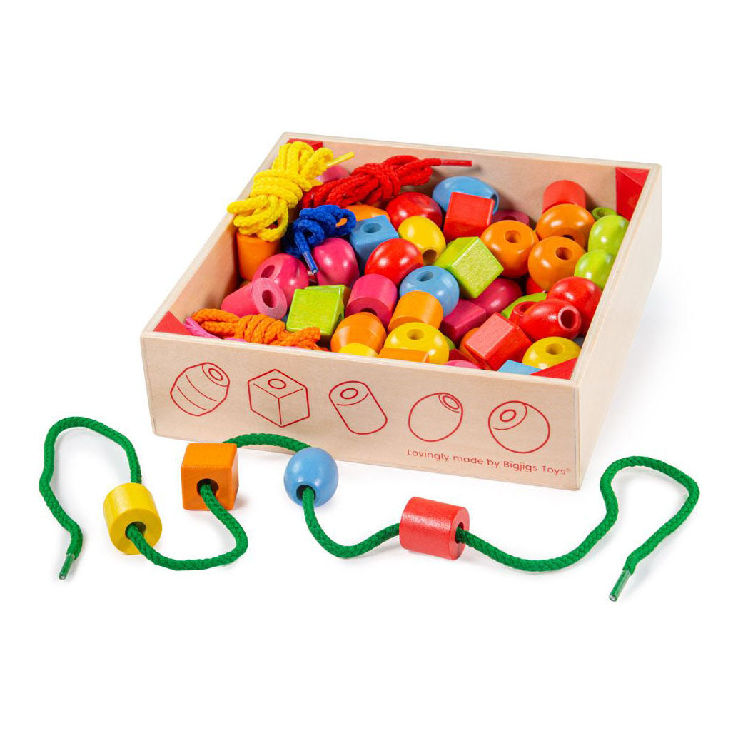 Bigjigs Perles en bois en pot, 95dlg.