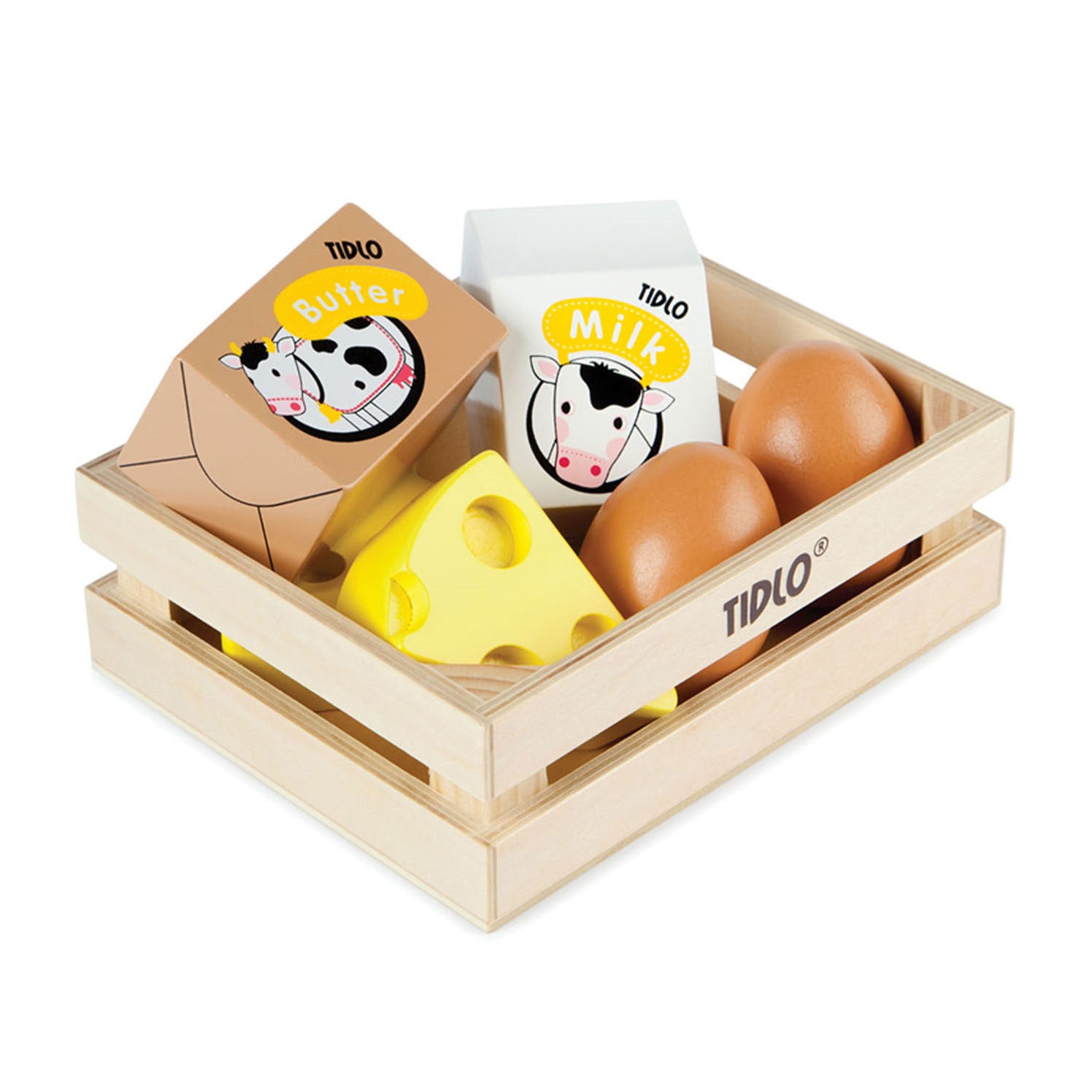 Oeufs en bois Tidlo et lait dans une caisse