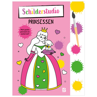 Livre de coloriage d'éditeur standard avec palette de peinture et princesses au pinceau