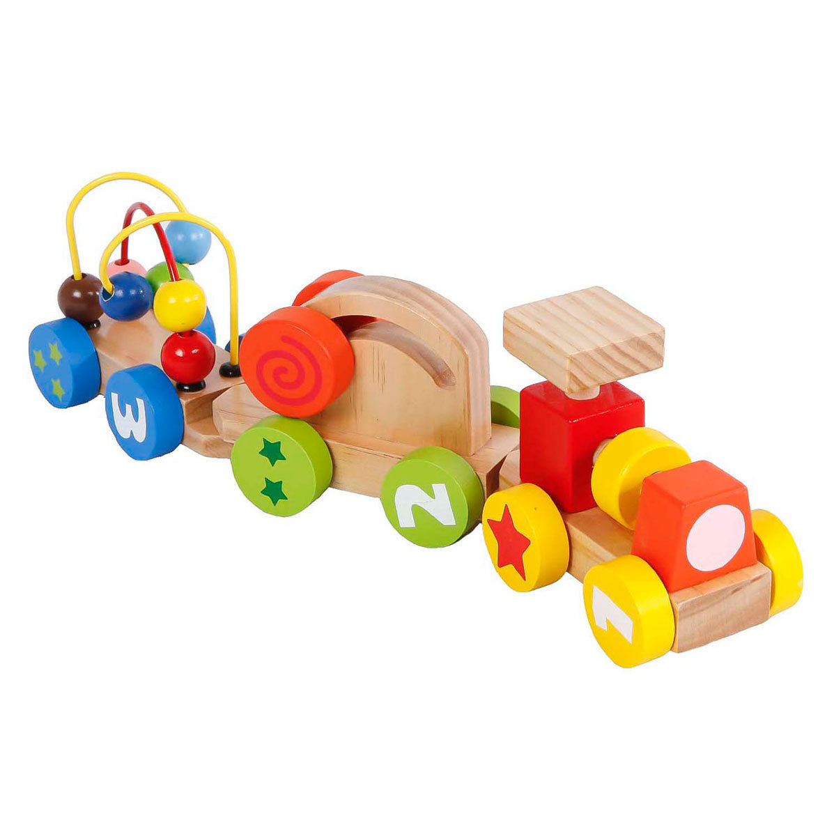 Train en bois avec des wagons d'activités, 3dlg.