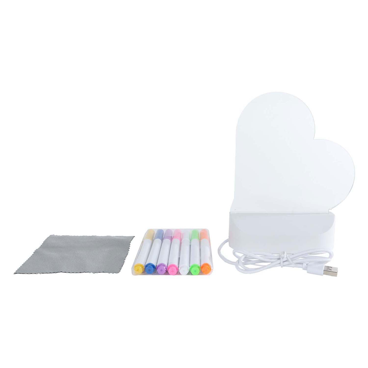 Tableau lumineux Glamour coeur avec connexion USB et 7 marqueurs, 16 cm