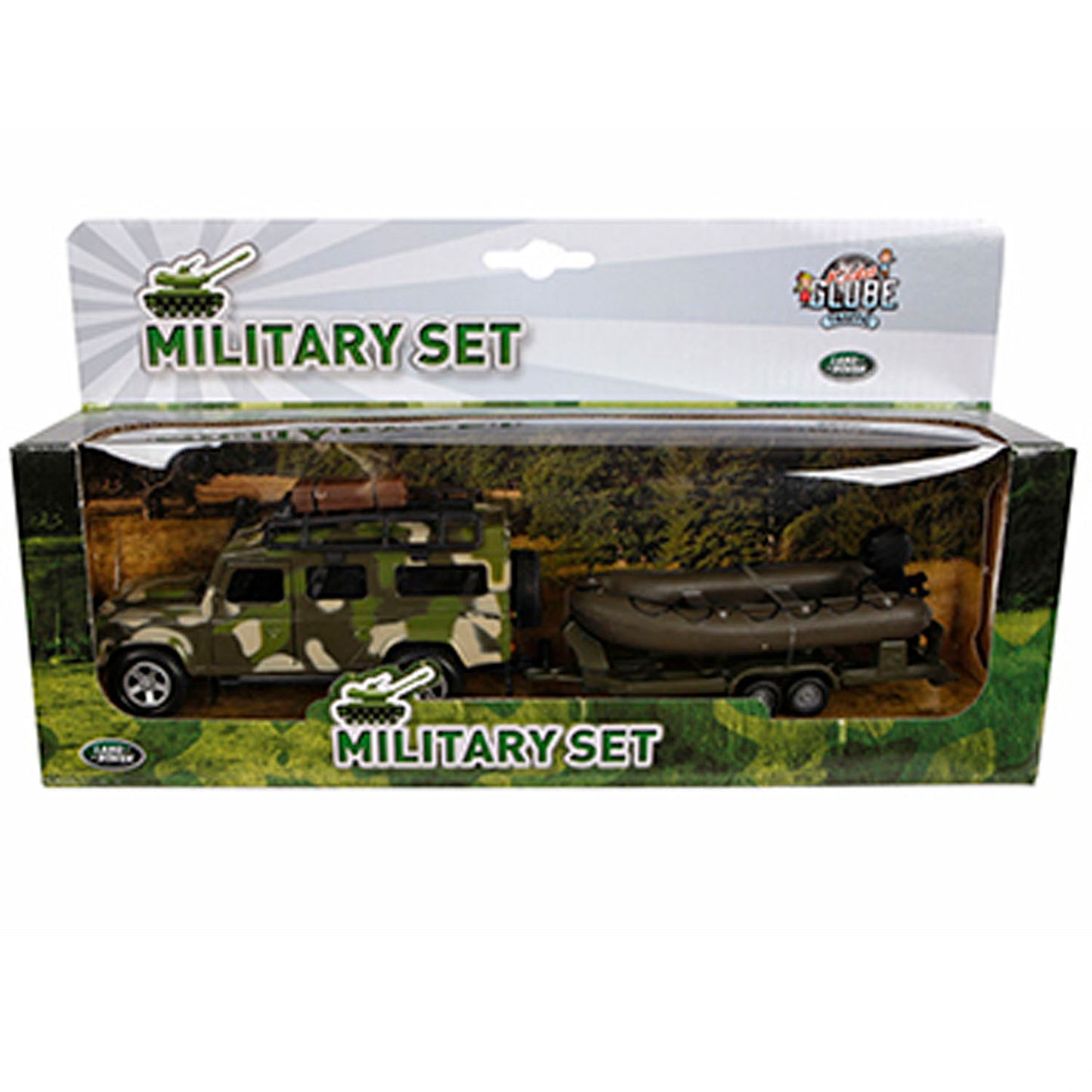 Kids Globe Die Die Cast Land Rover avec remorque et armée de bateau