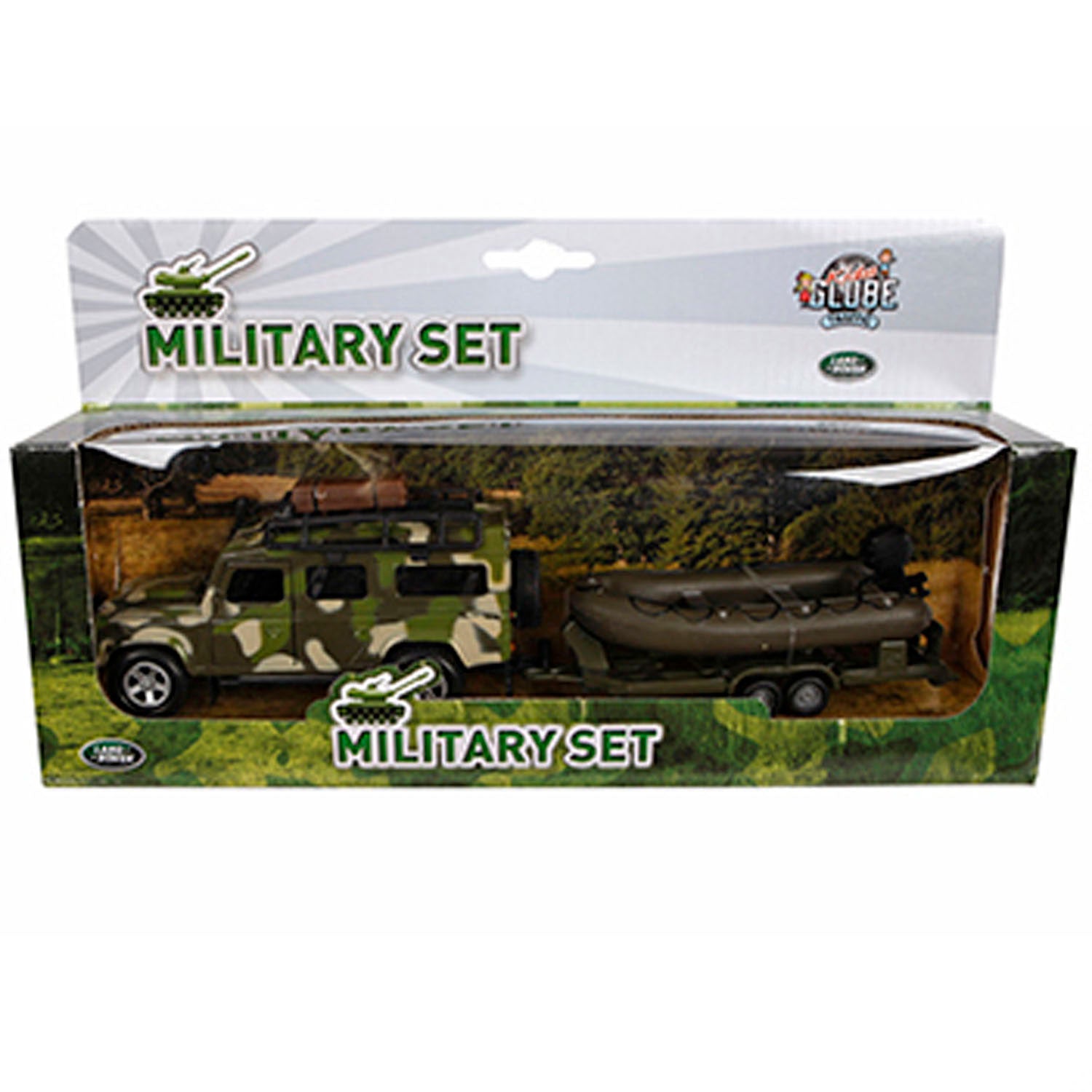 Kids Globe Die Die Cast Land Rover avec remorque et armée de bateau