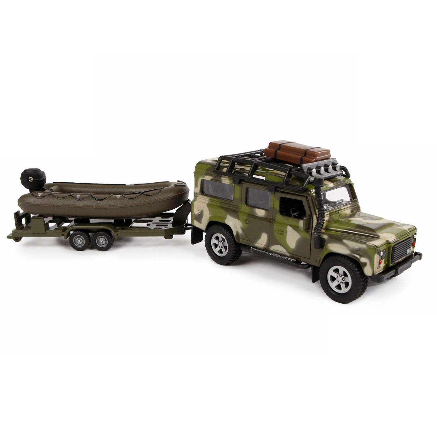 Kids Globe Die Die Cast Land Rover avec remorque et armée de bateau
