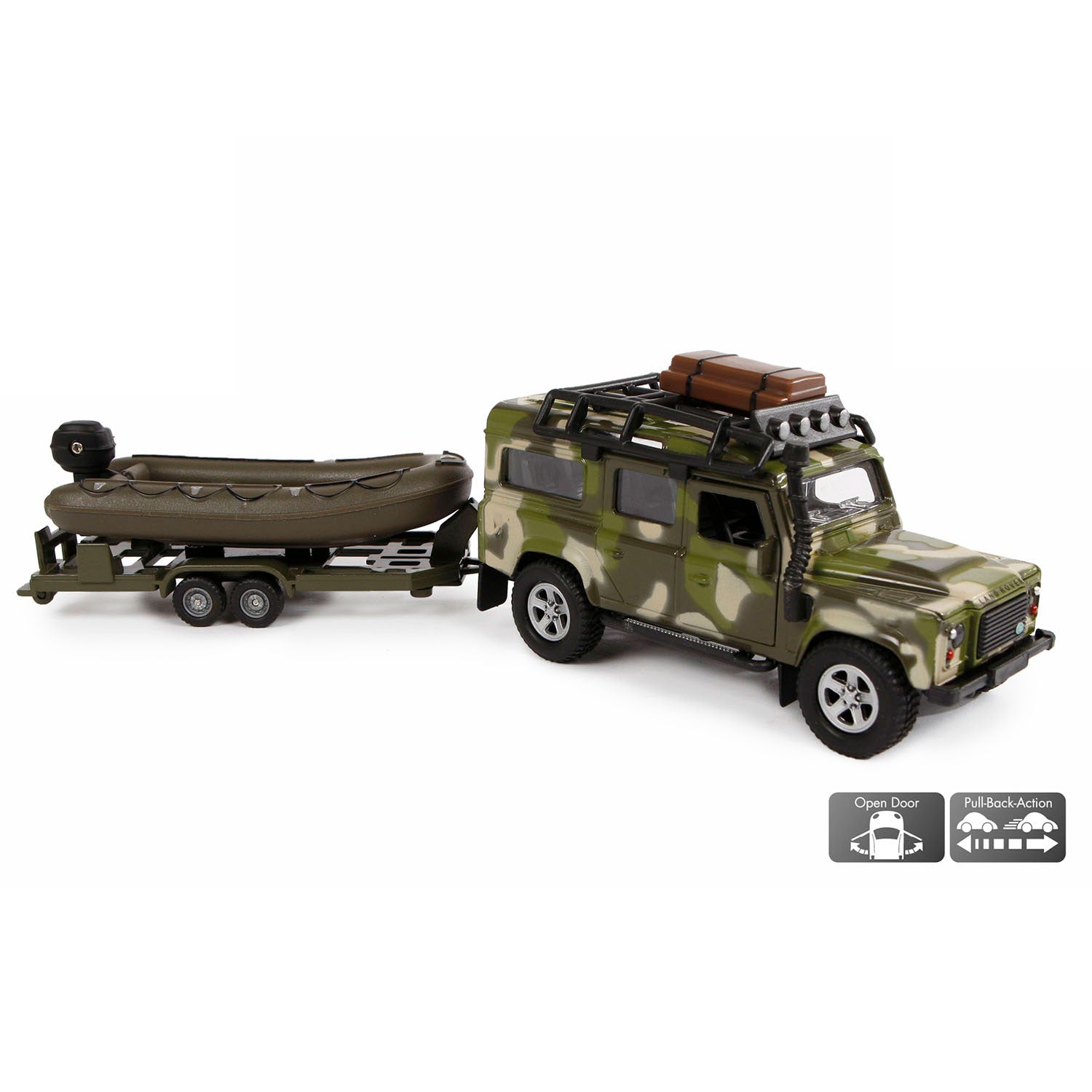 Kids Globe Die Die Cast Land Rover avec remorque et armée de bateau