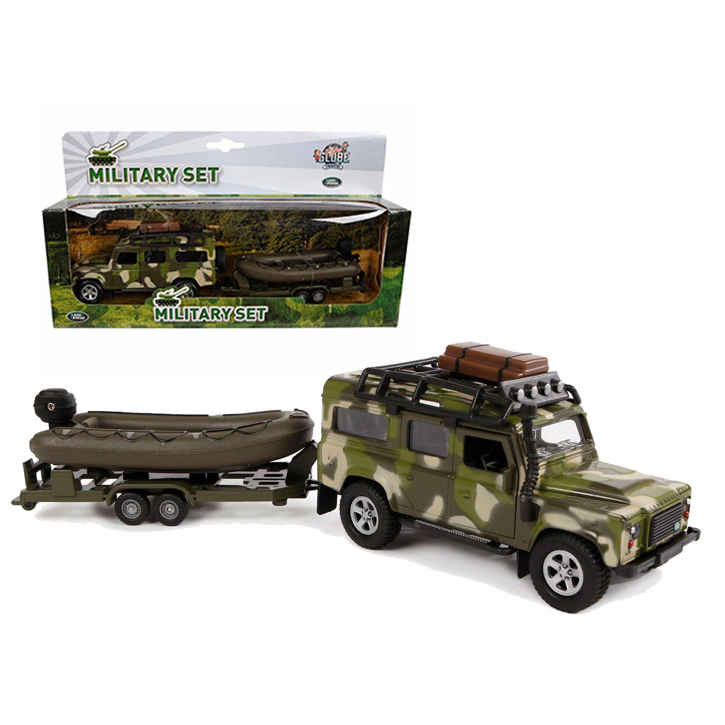 Kids Globe Die Die Cast Land Rover avec remorque et armée de bateau