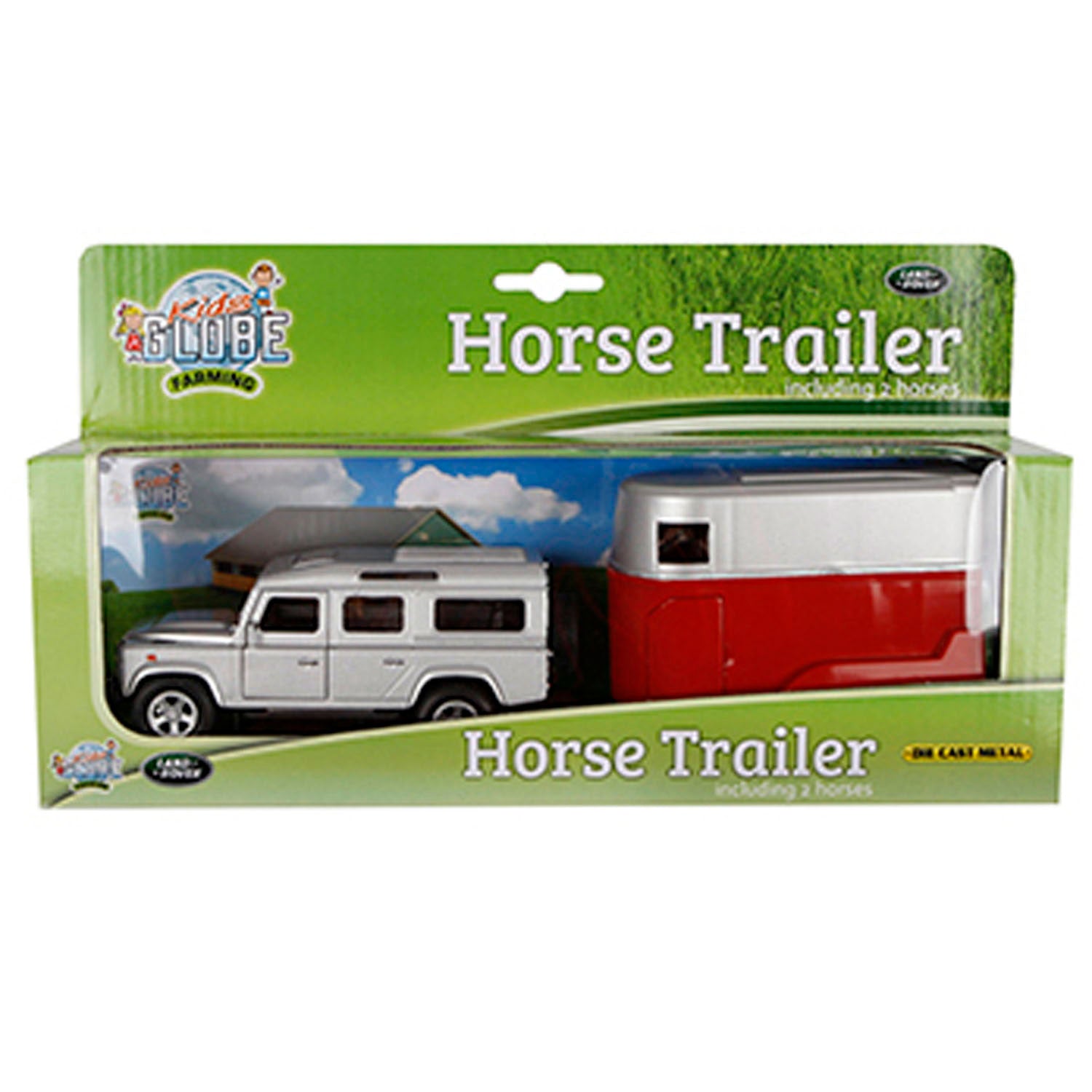 Kids Globe Die Cast Land Rover avec une remorque à cheval 1:32
