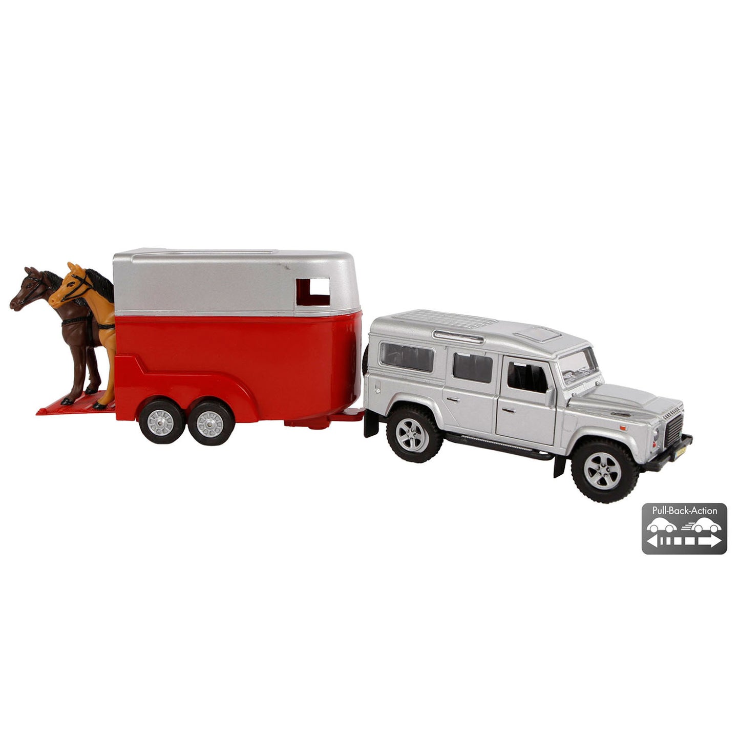Kids Globe Die Cast Land Rover avec une remorque à cheval 1:32