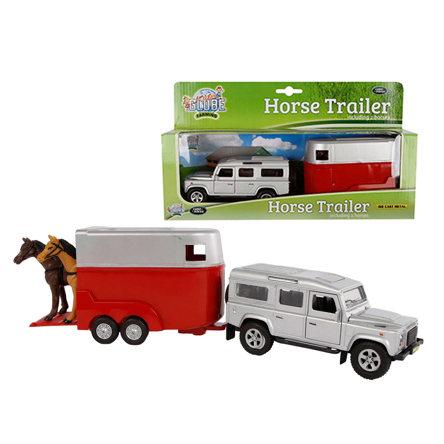 Kids Globe Die Cast Land Rover avec une remorque à cheval 1:32
