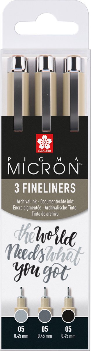 Sakura Pigma Micron 05 Fineliner Set, 3 stylos, gris noir