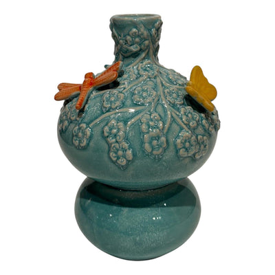 Vase ambiance Manoir avec papillons vert-bleu 11x11x17cm
