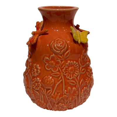 Vase ambiance manoir avec papillons marron cannelle 14xh18cm