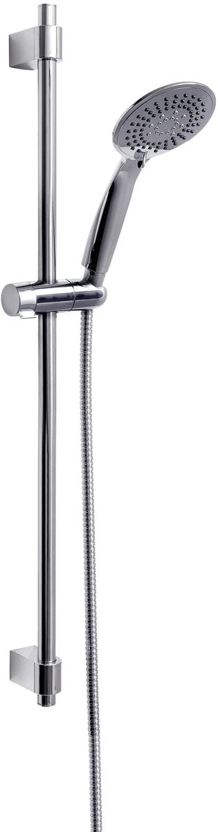 Set de douche Wenko young line en chrome avec tringle de douche en acier inoxydable 66cm, support de pomme de douche, pomme de douche ø11cm avec 5 positions et flexible de douche 150cm - chrome