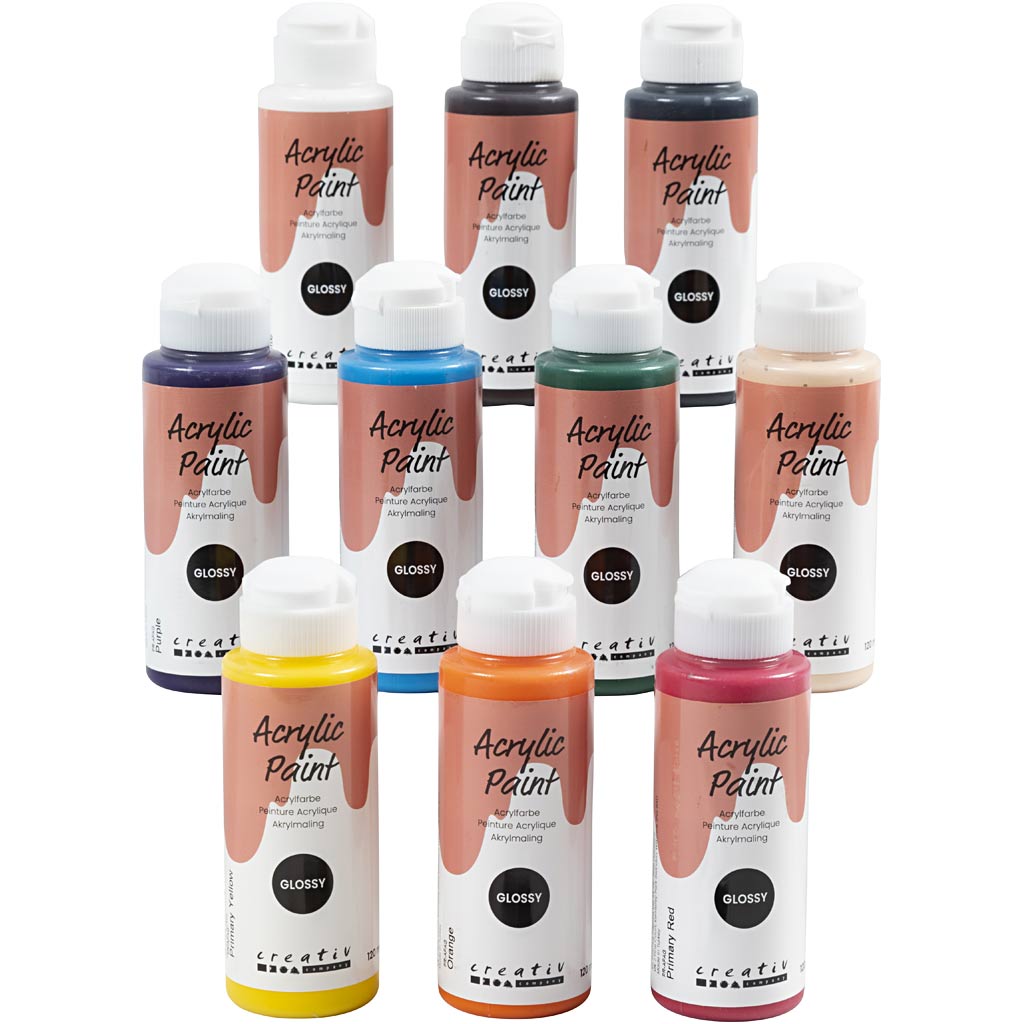 Creativ company peinture acrylique brillante, différentes couleurs, 10x120 ml 1 boîte