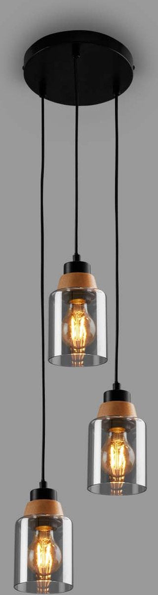 Briloner - royk - Suspension 3 lumières, verre fumé, plafonnier, plafonnier, lampe, lampe de salon, abat-jour en verre fumé, suspension, lustre, lampe de chambre, bois noir