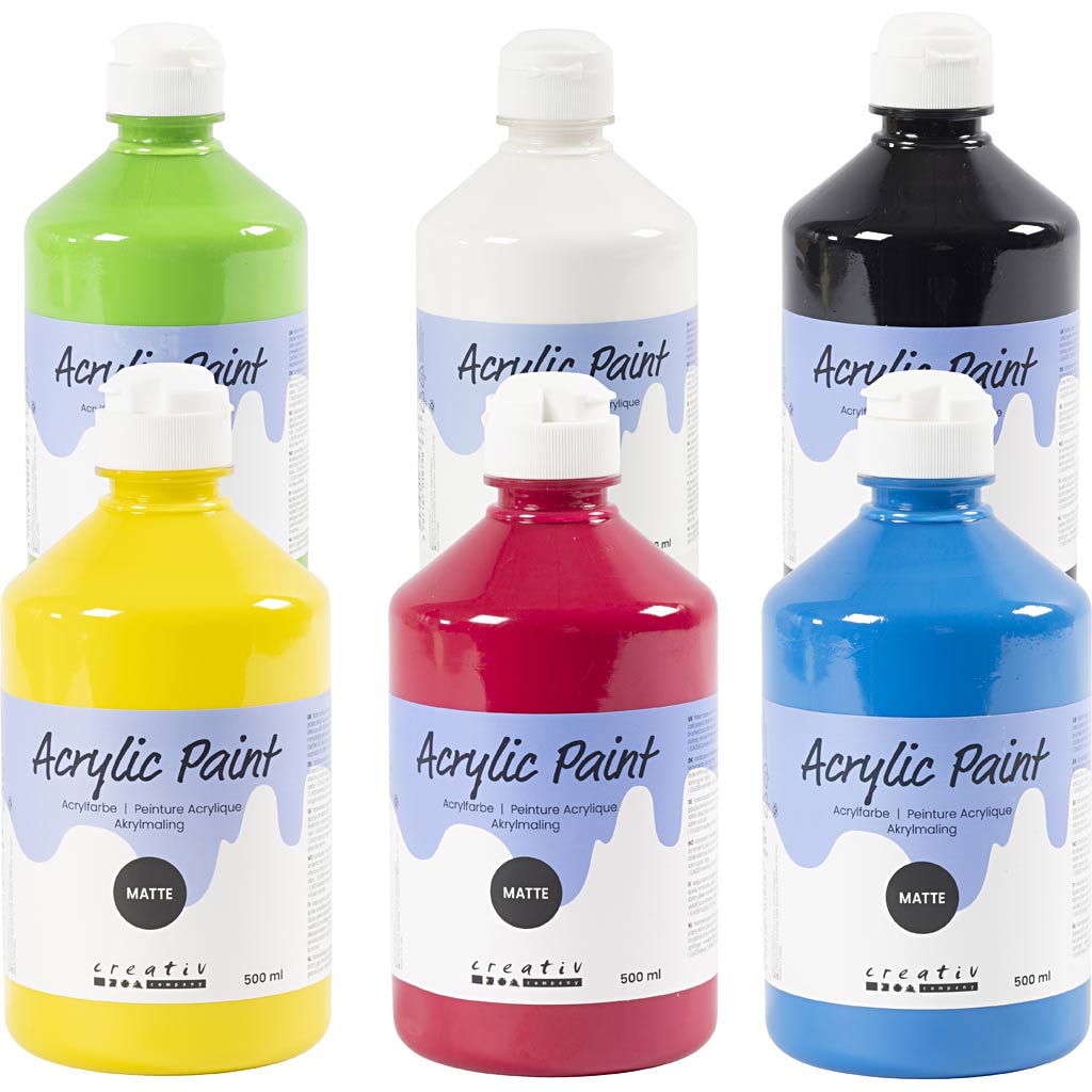 Peinture acrylique Creativ company mate, couleurs primaires, 6x500 ml 1 boîte
