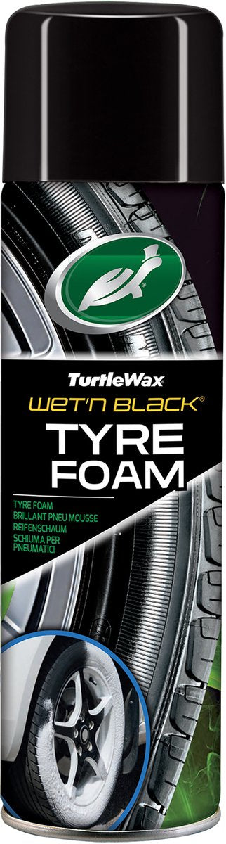Mousse pour pneus Turtle Wax Wet N Black - Formule de mousse 2 en 1 - donne une riche brillance noire - les polymères de silicone fournissent une couche protectrice - 500 ml