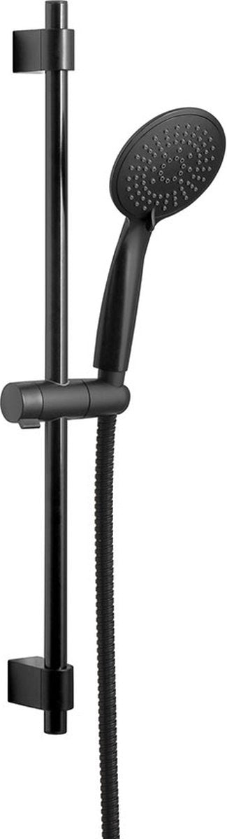 Set de douche Wenko Young Line en noir mat avec tringle de douche en acier inoxydable 66 cm, support de pomme de douche, pomme de douche ø11 cm avec 5 positions et flexible de douche 150 cm - noir