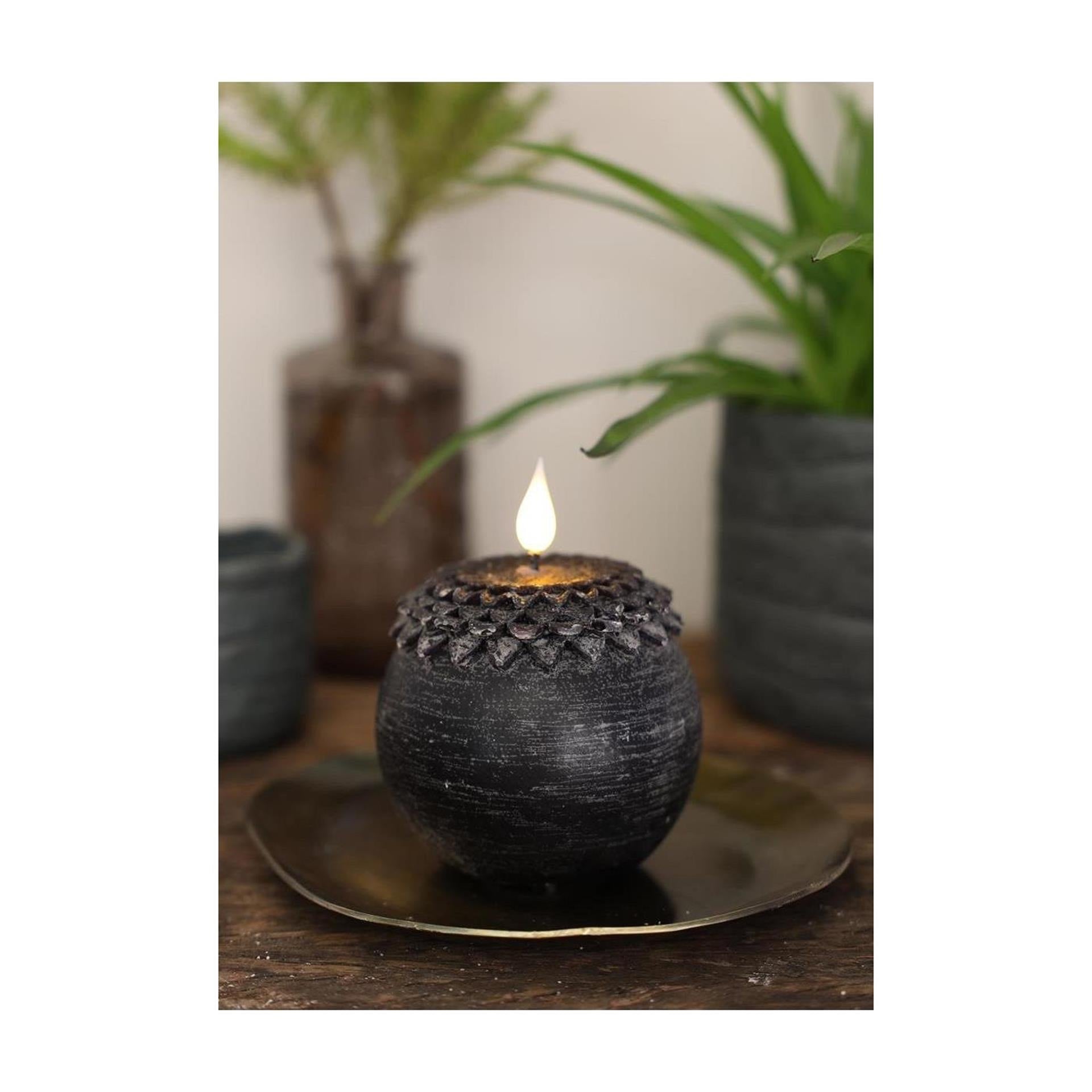 Idées 4 saisons bougie led cire fleur perle noir ø9xh12cm