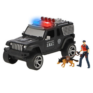 Voiture de police avec lumières et sons, policier, chien policier et accessoires