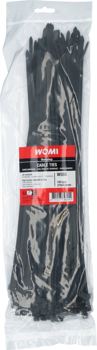 Attaches de câble Womi 370x4,8 mm noir – 100 pièces – nylon solide – fermeture fiable – haute résistance à la traction