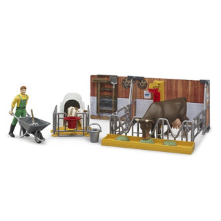 Bruder Bworld Cowshal avec veau et agriculteur