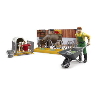 Bruder Bworld Cowshal avec veau et agriculteur