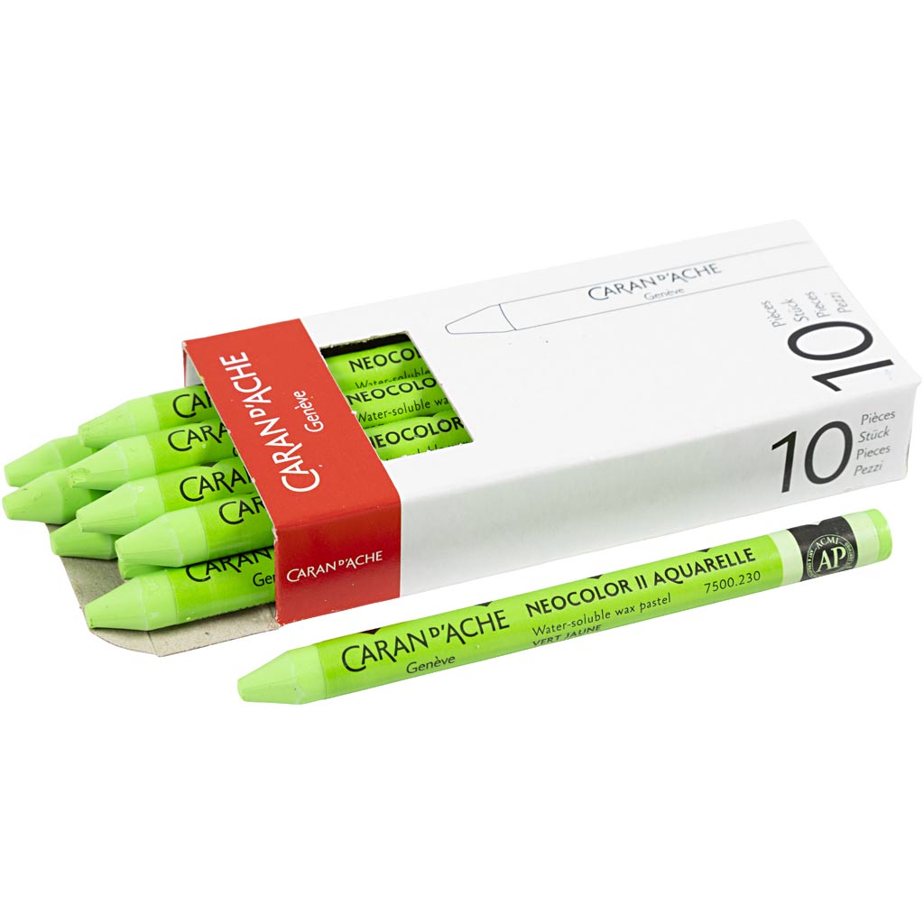Caran dache caran d'ache neocolor ii, l : 10 cm, épaisseur 8,5 mm, jaune vert (230), 10 pièces 1 boîte