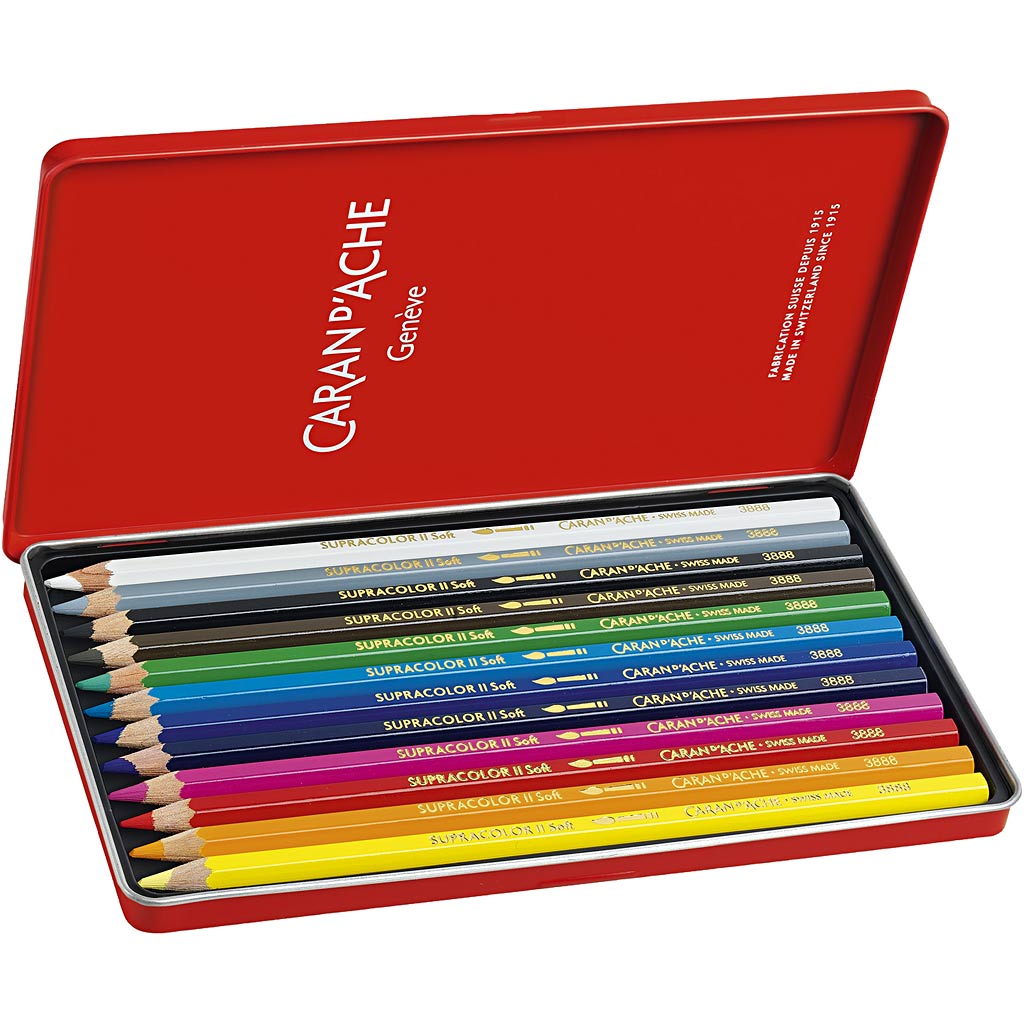 Crayons aquarelle Caran dache caran d'ache supracolor ii, l : 17 cm, mine 3,8 mm, différentes couleurs, 12 pièces 1 boîte