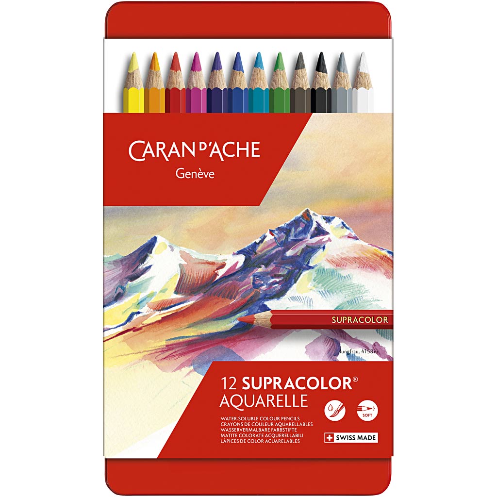 Crayons aquarelle Caran dache caran d'ache supracolor ii, l : 17 cm, mine 3,8 mm, différentes couleurs, 12 pièces 1 boîte