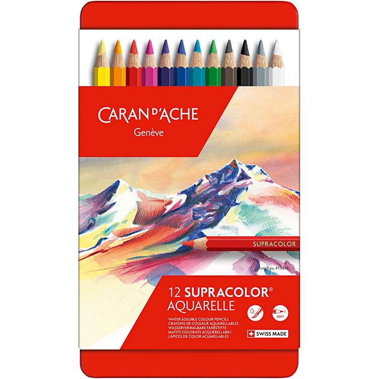 Crayons aquarelle Caran dache caran d'ache supracolor ii, l : 17 cm, mine 3,8 mm, différentes couleurs, 12 pièces 1 boîte